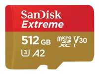 SanDisk Extreme - Flash-muistikortti (microSDXC to SD -adapteri sisältyvä) - 512 Gt - A2 / Video Class V30 / UHS-I U3 / Class10 - microSDXC UHS-I SDSQXAV-512G-GN6MA